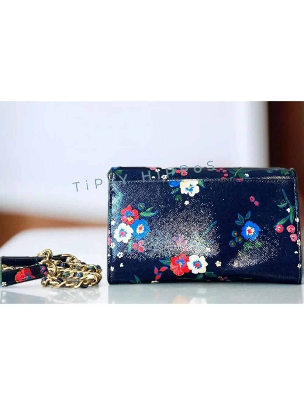 Adorable Tory Burch Dark Blue and Floral Robinon Shoulder Bag/Crossbody